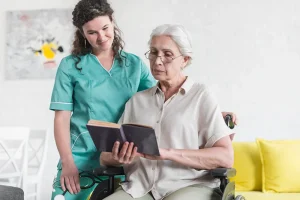 nurse and client reading